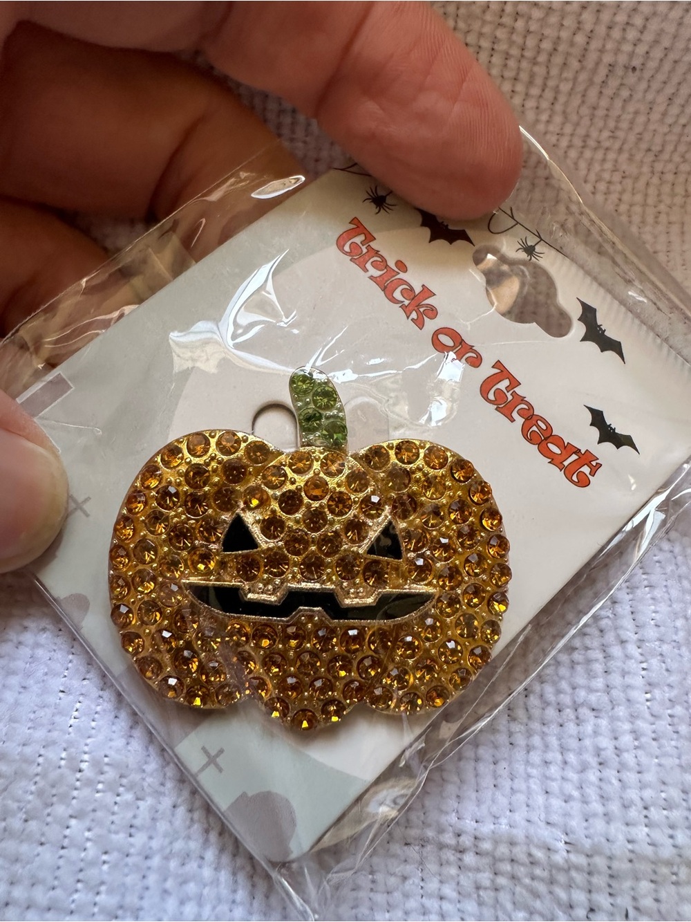 Sparkling Halloween Pumpkin Pin - Orange and Green Rhinestones